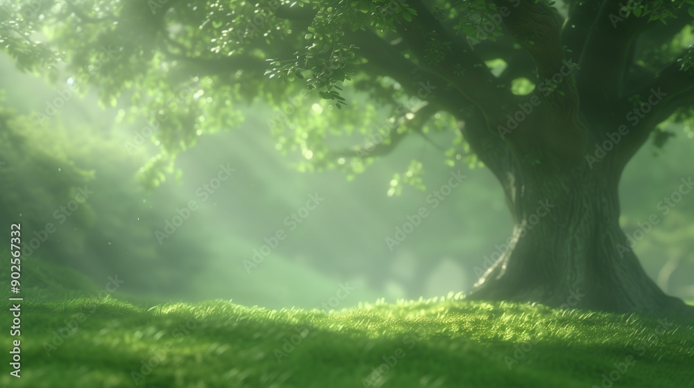 Fototapeta premium Majestic Tree Bathed in Sunlight in Enchanted Forest with Lush Greenery, Ideal for Nature, Adventure, Relaxation, and Mindfulness Themes