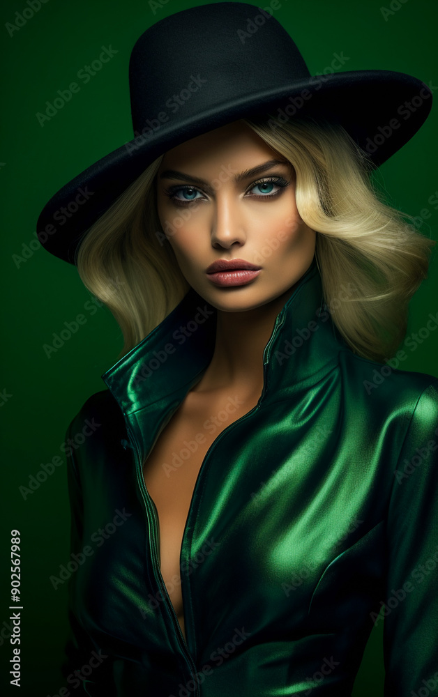 Girl in Intense Emerald Fashion.  Glamour in Black and Green