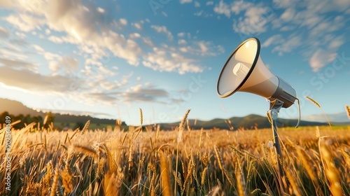 A megaphone stands in a golden wheat field under a vibrant sky, symbolizing communication and outreach in nature.