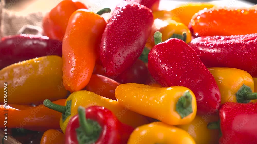 Red and Yellow Bellpepper fresh wet spinning sid shot. Red and Yellow Bellpepper fresh wet spinning sid shot.
