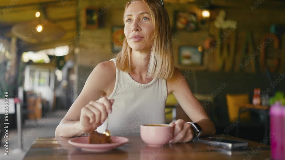 Adult woman has break in cozy cafe, drinking coffee and eating cake, portrait. Traveling and tourism, beautiful female traveler relaxing in small restaurant in summer vacation, enjoying tasty dessert Adult woman has break in cozy cafe, drinking coffee and eating cake, portrait. Traveling and tourism, beautiful female traveler relaxing in small restaurant in summer vacation, enjoying tasty dessert