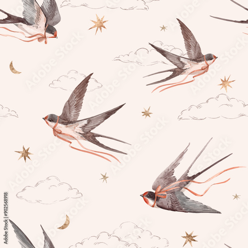 Beautiful seamless pattern with hand drawn watercolor swallows. Martin birds. Stock illustration.