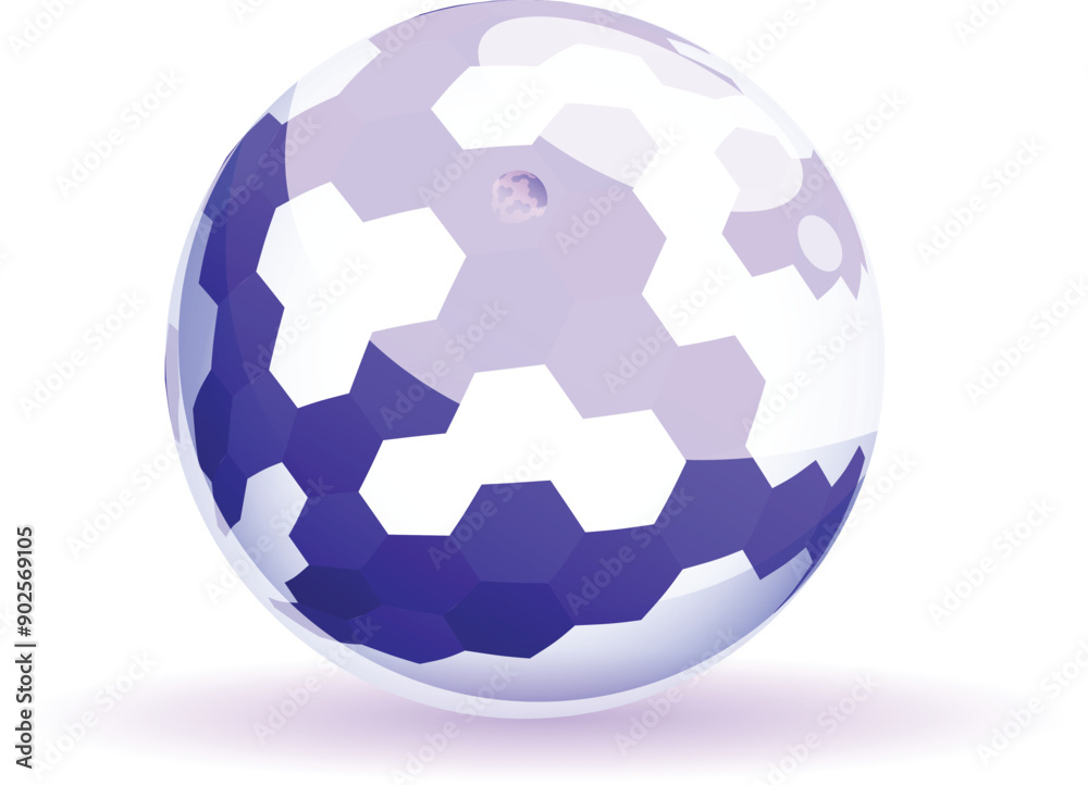 Blue sphere composed of hexagons is reflecting light on a white background Blue sphere composed of hexagons is reflecting light on a white background