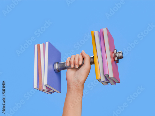 Hand Lifting Dumbbell Made of Books Against Blue Background
