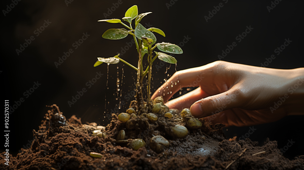 Fototapeta premium People planting tree sprouts with their right hands bring life to soil act of people planting tree sprouts represents commitment to the environment, showcasing people planting tree sprouts with care.