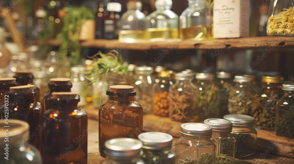 A cozy apothecary table is filled with jars containing dried herbs, showcasing natural remedies in a warm, inviting atmosphere A cozy apothecary table is filled with jars containing dried herbs, showcasing natural remedies in a warm, inviting atmosphere