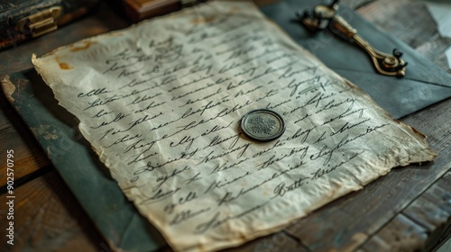 Close-Up of Handwritten Letter on Parchment, Detailed Textures