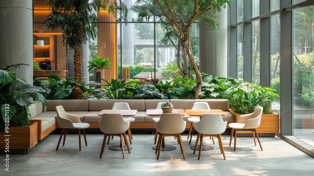 Obraz premium Modern indoor restaurant with stylish furniture and lush greenery, creating a relaxing and inviting atmosphere for guests.
