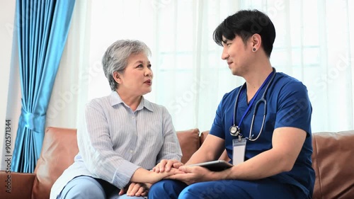 Senior woman get medical service visit from caregiver nurse at home while having result of medical exam for health care and pension welfare insurance