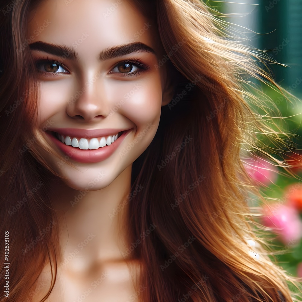 Fototapeta premium a woman with long brown hair smiling and wearing a gray tank top.