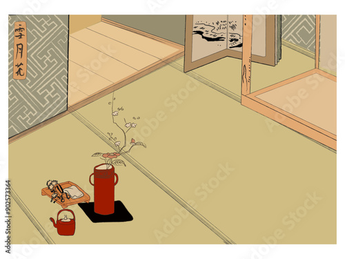 Japanese room interior, Japan home or dojo in asian style, vector illustration . Hand drawn ukiyo-e style home interior.