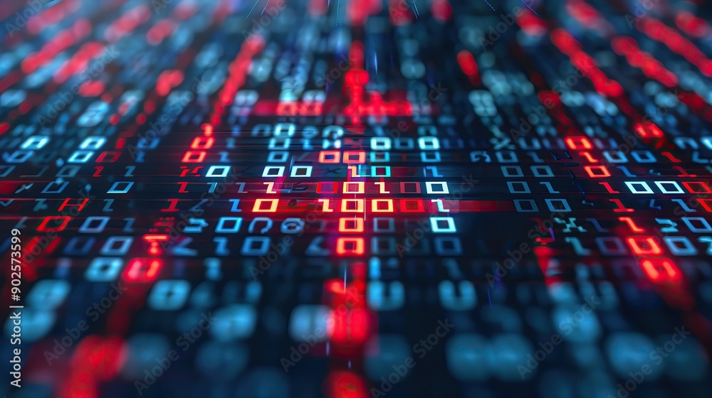 Dynamic binary code with glowing numbers in red and blue colors on a dark background, creating a futuristic data visualization. Dynamic binary code with glowing numbers in red and blue colors on a dark background, creating a futuristic data visualization.