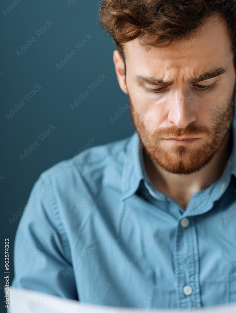 Man looking confused and surprised while reading a document. Man looking confused and surprised while reading a document.