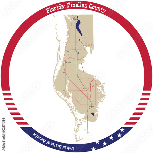Map of Pinellas County in Florida, USA arranged in a circle.