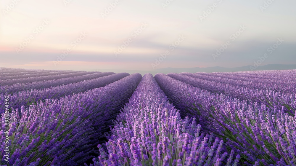 Obraz premium Beautiful sunset over vast lavender fields, showcasing vibrant purple blooms in rows beneath a serene sky.
