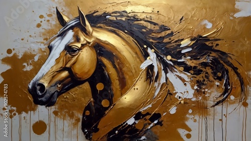 A painting of abstract oil. Art painting, gold, horse, canvas, wall art, modern artwork, paint spots, paint strokes, knife painting, large stroke painting, mural, black, white