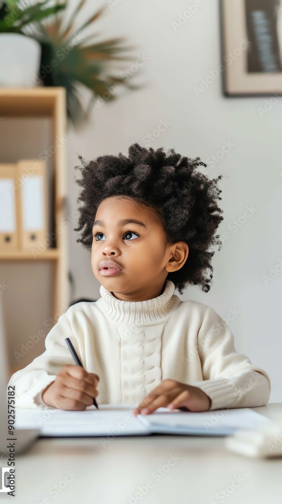 Young girl with curly hair writes in a notebook, focused on her work. Young girl with curly hair writes in a notebook, focused on her work.