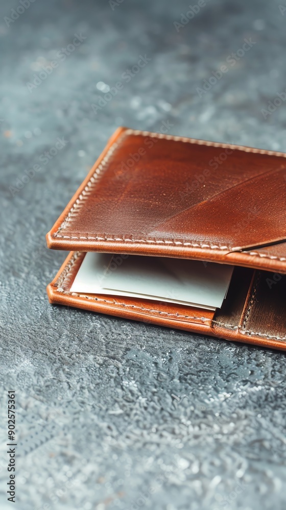Close-up of a brown leather wallet on a rustic surface. Close-up of a brown leather wallet on a rustic surface.