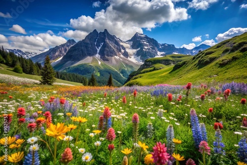 An alpine meadow dotted with wildflowers