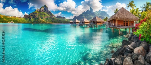 A peaceful and tranquil lagoon in Bora Bora, French Polynesia, with crystal-clear waters and overwater bungalows dotting the shoreline