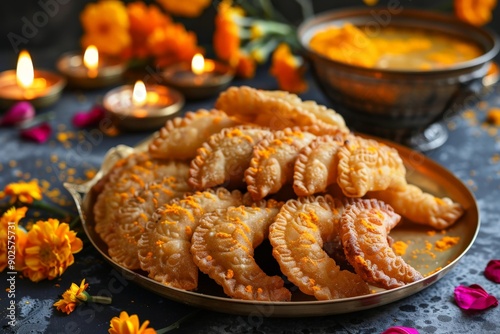 golden gujiyas on plate photo