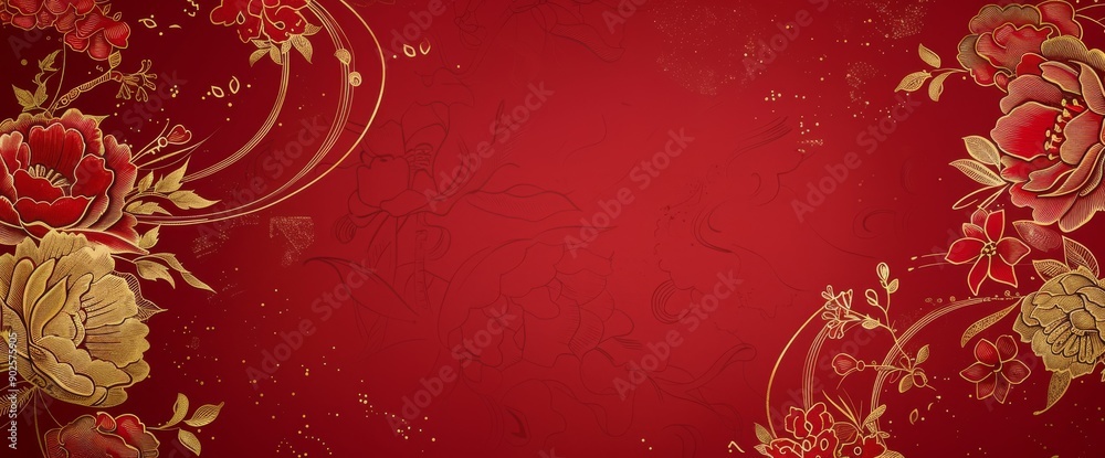 Red background, illustration, gold line drawing style with small flowers on the left and right sides of the picture. Red background, illustration, gold line drawing style with small flowers on the left and right sides of the picture.