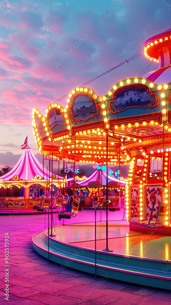 A vibrant amusement park scene with a beautifully illuminated carousel under a colorful sunset sky. A vibrant amusement park scene with a beautifully illuminated carousel under a colorful sunset sky.