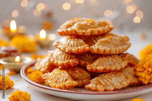 golden gujiyas on plate photo