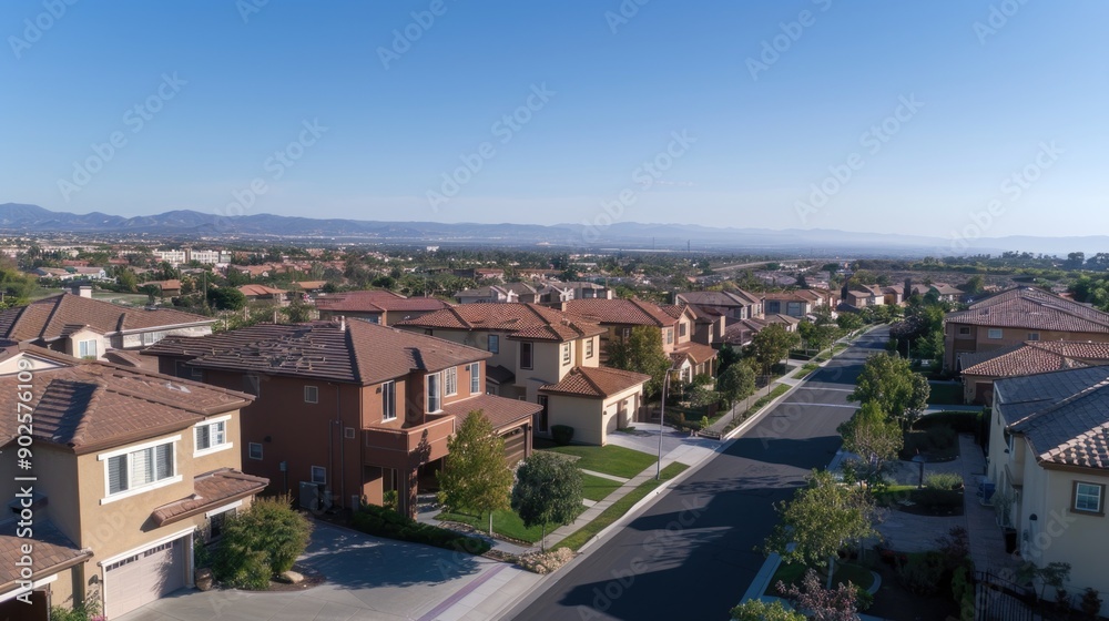 Panoramic view of neighborhood with smart homes Panoramic view of neighborhood with smart homes