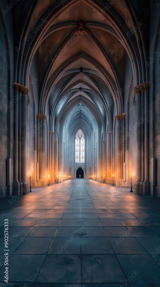 Fototapeta premium A serene cathedral interior featuring high arches, candlelight, and a dramatic perspective leading to a central doorway.
