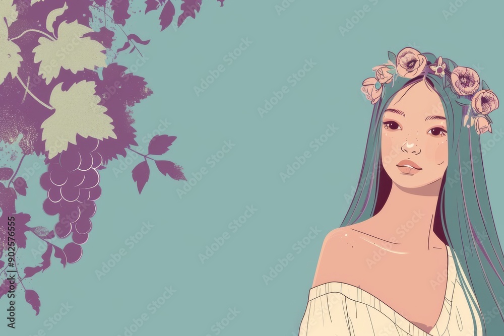 Chinese minimalism illustration, portrait of a fair-skinned woman with long, straight amethyst purple hair styled with a floral headband, wearing a flowy blouse, flat illustration, boho woman, bohemia Chinese minimalism illustration, portrait of a fair-skinned woman with long, straight amethyst purple hair styled with a floral headband, wearing a flowy blouse, flat illustration, boho woman, bohemia
