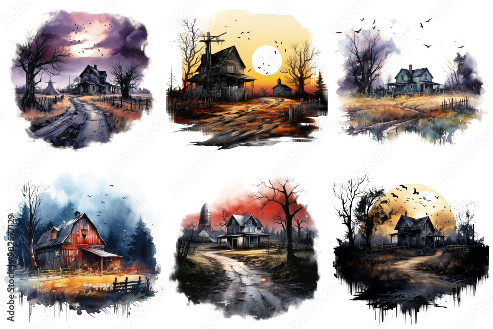 Six Watercolor Paintings of Houses in a Rural Setting Six Watercolor Paintings of Houses in a Rural Setting