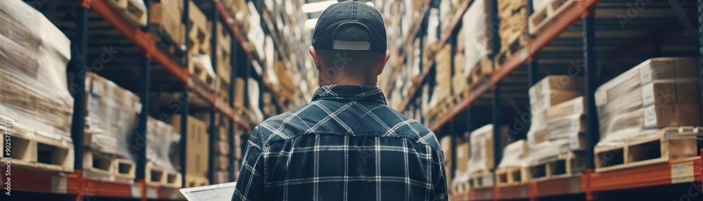 A warehouse worker inspects inventory in a large storage facility, surrounded by stacked pallets and shelves of products. A warehouse worker inspects inventory in a large storage facility, surrounded by stacked pallets and shelves of products.