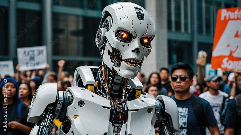 Fototapeta premium Demonstration Featuring a Human-Like Robot Among Protesters in an Urban Setting