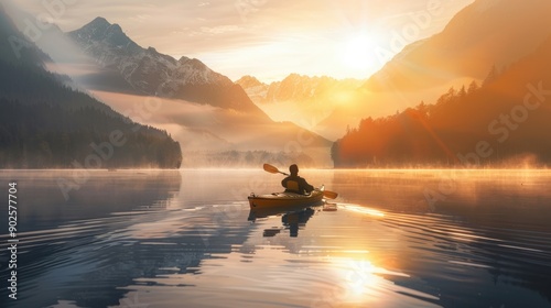 Fototapeta Naklejka Na Ścianę i Meble -  A man travelling in a kayak in a lake at sunrise in mountains is a peaceful and serene scene that captures the beauty and tranquility of nature.
