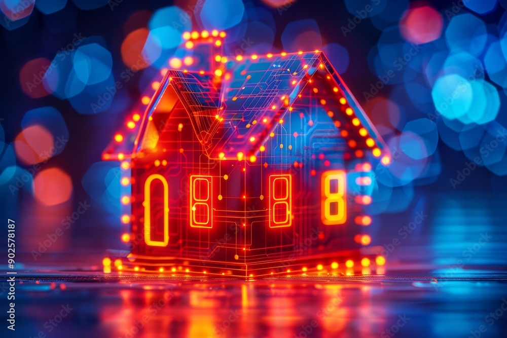 Miniature Smart Home Model with Red Neon Lights Concept of Advanced Technology Connectivity and Modern Living Miniature Smart Home Model with Red Neon Lights Concept of Advanced Technology Connectivity and Modern Living