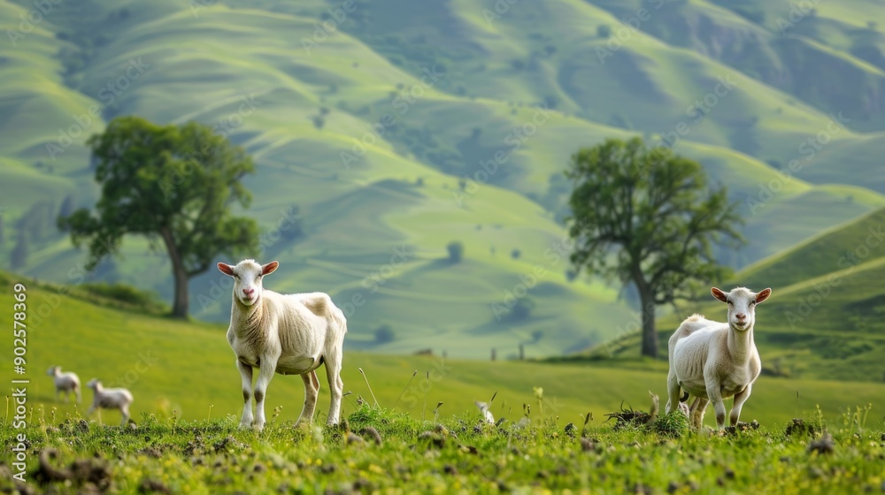 Naklejka premium Three goats on a meadow in the mountains. Beautiful rural landscape.