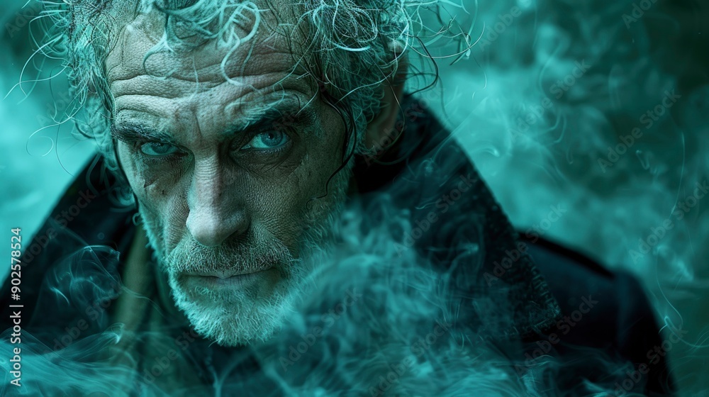 Portrait of an intense, wild-haired man surrounded by mist Portrait of an intense, wild-haired man surrounded by mist