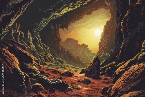 Rocky canyon landscape with setting sun and glowing orange rocks photo
