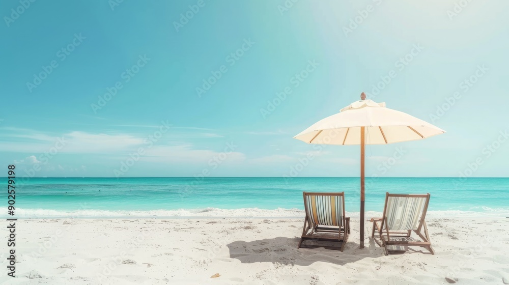 Beach umbrella with two chairs on the sand. summer travel vacation background with copy space Beach umbrella with two chairs on the sand. summer travel vacation background with copy space