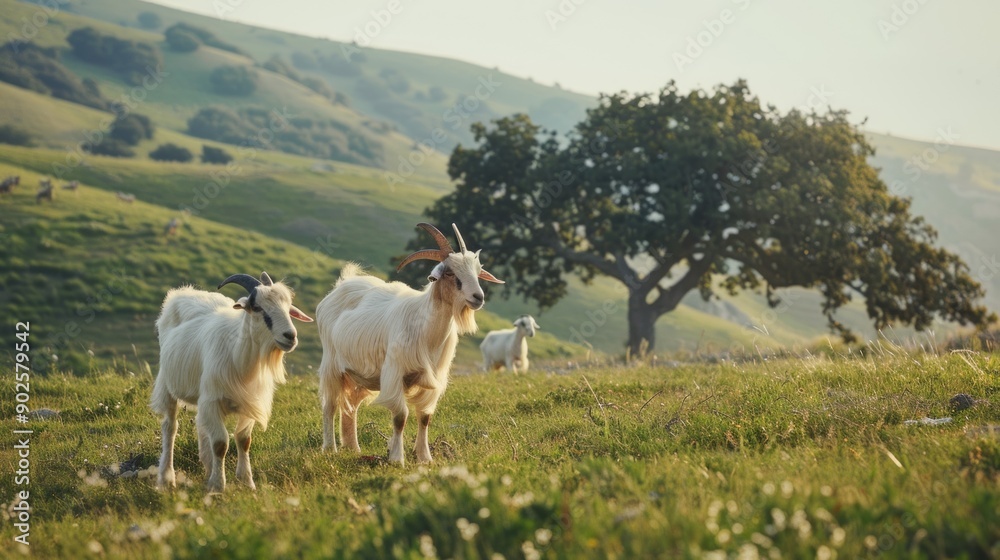 Three goats on a meadow in the mountains. Beautiful rural landscape. Three goats on a meadow in the mountains. Beautiful rural landscape.