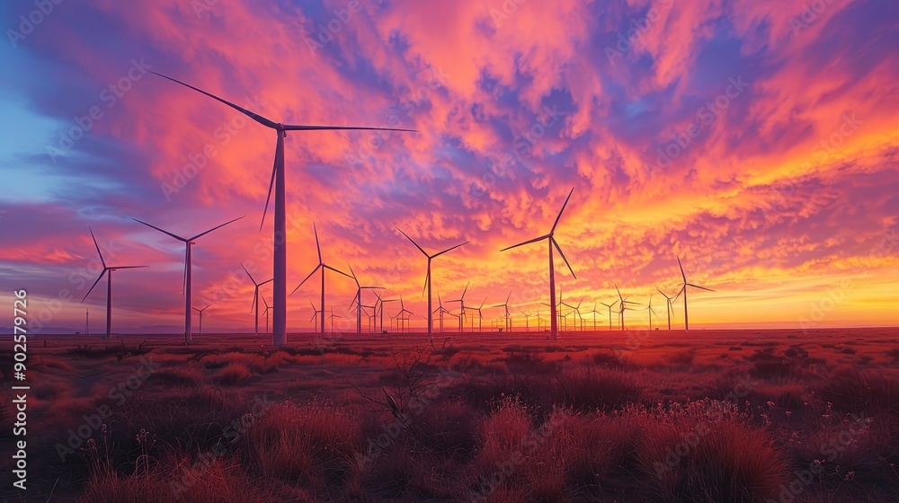 A field of wind turbines set against a colorful sunset sky A field of wind turbines set against a colorful sunset sky