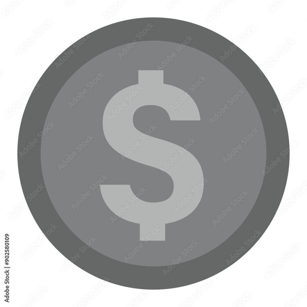 Dollar sign coin icon in grey scale isolated on white background. Dollar sign coin icon in grey scale isolated on white background.