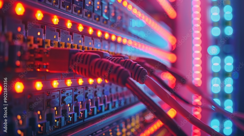 A network switch with multiple cables connected, showcasing a centralized network hub A network switch with multiple cables connected, showcasing a centralized network hub