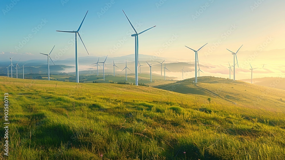 A rural landscape with a wind farm blending into the natural scenery A rural landscape with a wind farm blending into the natural scenery