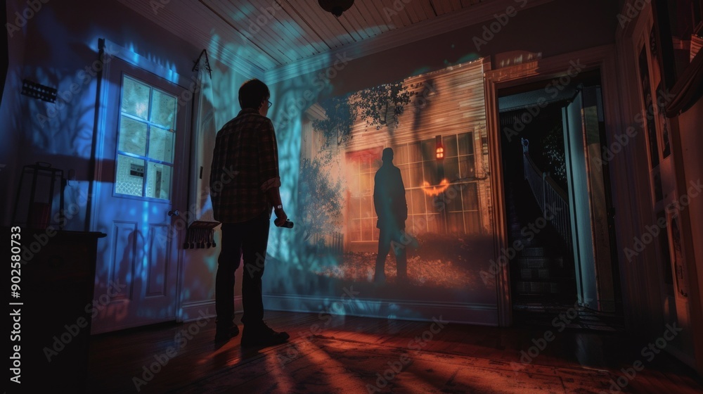 Adult Setting Up Smart Projector in Cozy Indoor Space During Evening Hours Adult Setting Up Smart Projector in Cozy Indoor Space During Evening Hours