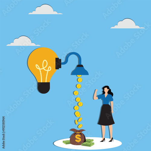 Startup company start generate revenue or income business idea to make money gain profit or create sales concept businessman get money from revenue faucet flowing from lightbulb idea