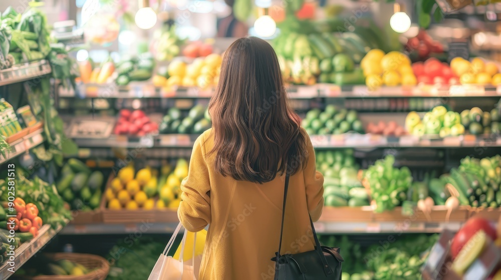 A woman shopping for groceries with reusable bags and buying local produce A woman shopping for groceries with reusable bags and buying local produce