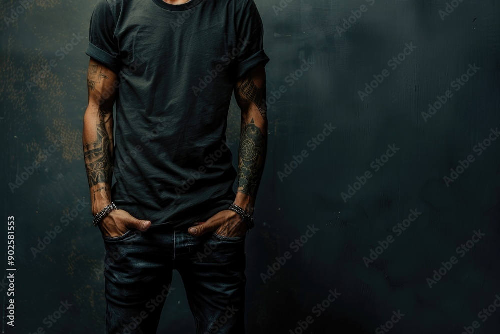 A person wearing a black t-shirt stands relaxed, hands in pockets A person wearing a black t-shirt stands relaxed, hands in pockets