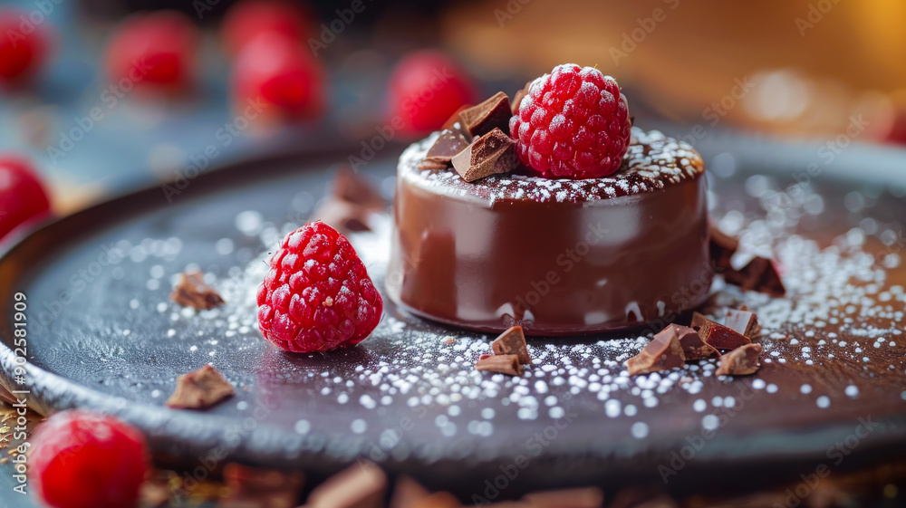 A Glossy Chocolate Dessert with a Raspberry Crown A Glossy Chocolate Dessert with a Raspberry Crown